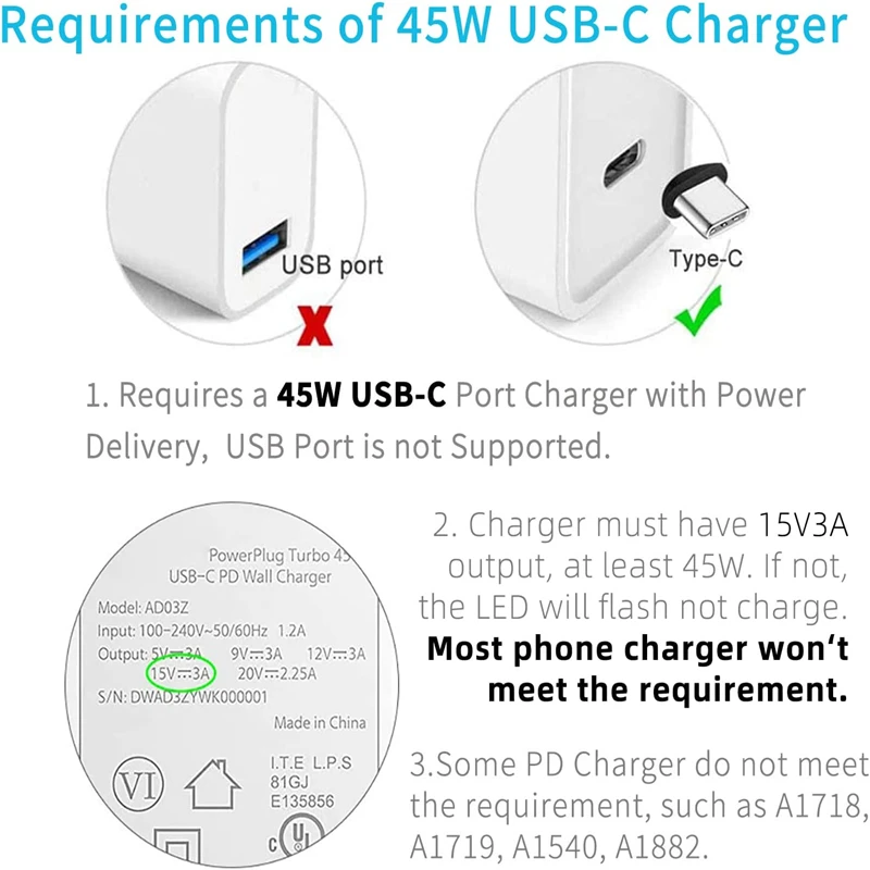 Câble de charge USB-C 15V/3A compatible avec Surface Pro 7/6/5/4/3 Go3/2/1 Laptop4/3/2/1 Power Charge rette Via 45W PD Charger