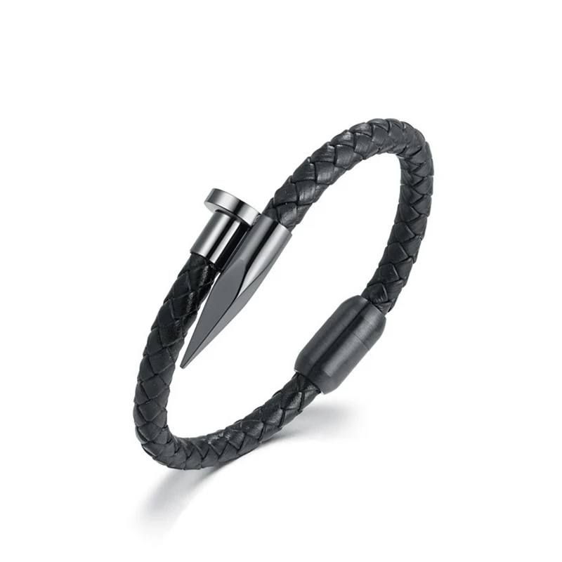 2024 new hand-woven gold-plated stainless steel nail leather bracelet punk style magnet buckle black leather bracelet for men