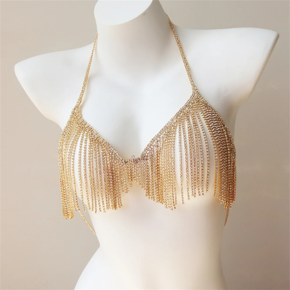 Sexy Shiny Bikini Body Chain Ladies Temperament Trendy Rhinestone Bra Chain Beach Dressing Jewelry Accessories