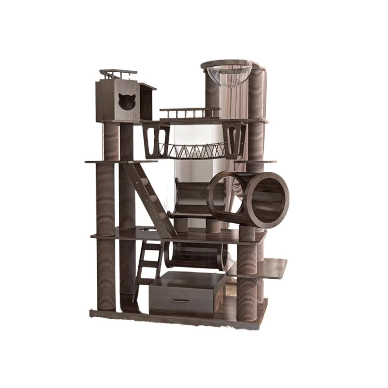 Large solid wood cat climbing frame nest  tree integratedcastle lacquered black walnut color