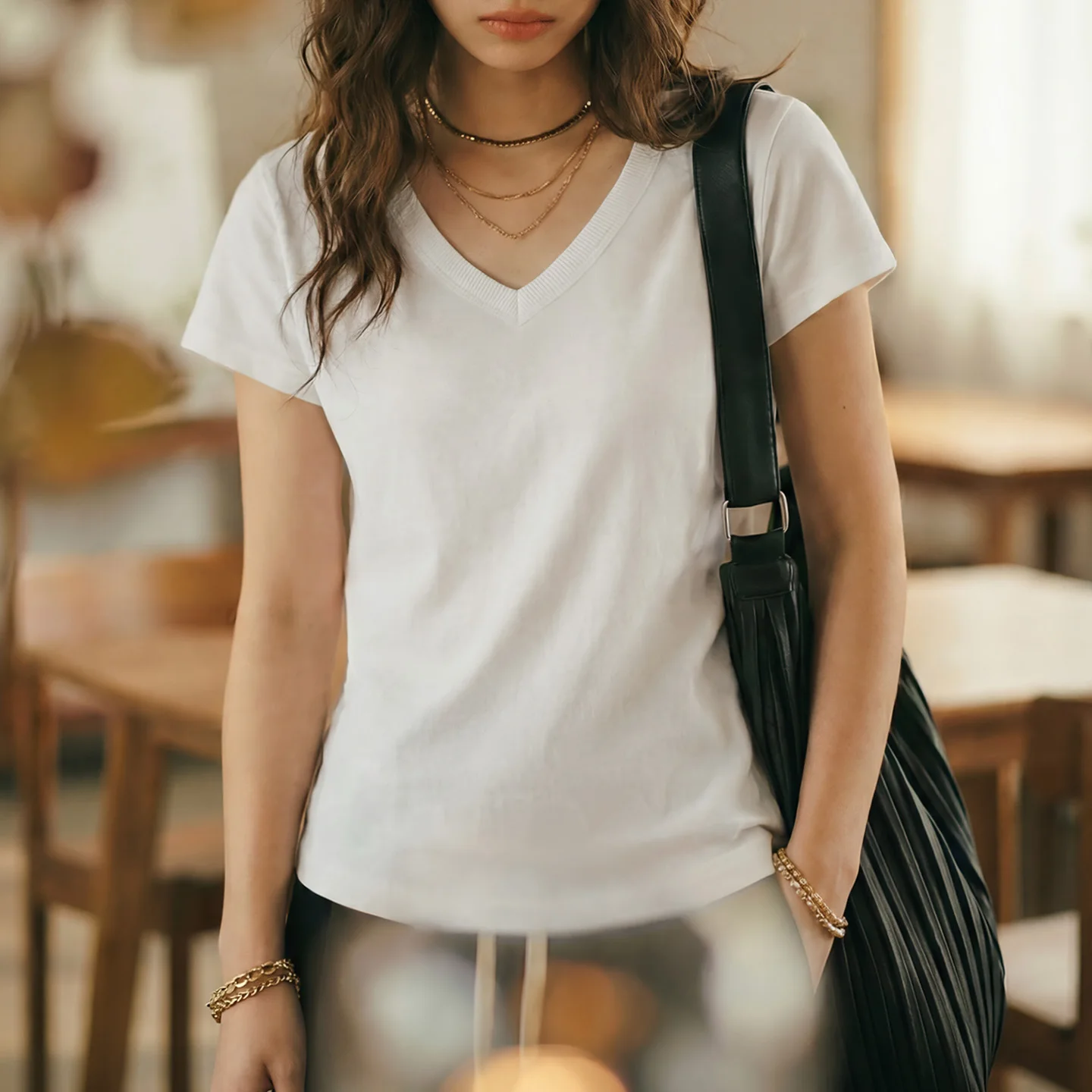 Maden Women's Cotton V Neck Slim Fit T-Shirt Short Sleeve Knit Basic Layering Tee Solid Color Top For Spring Summer