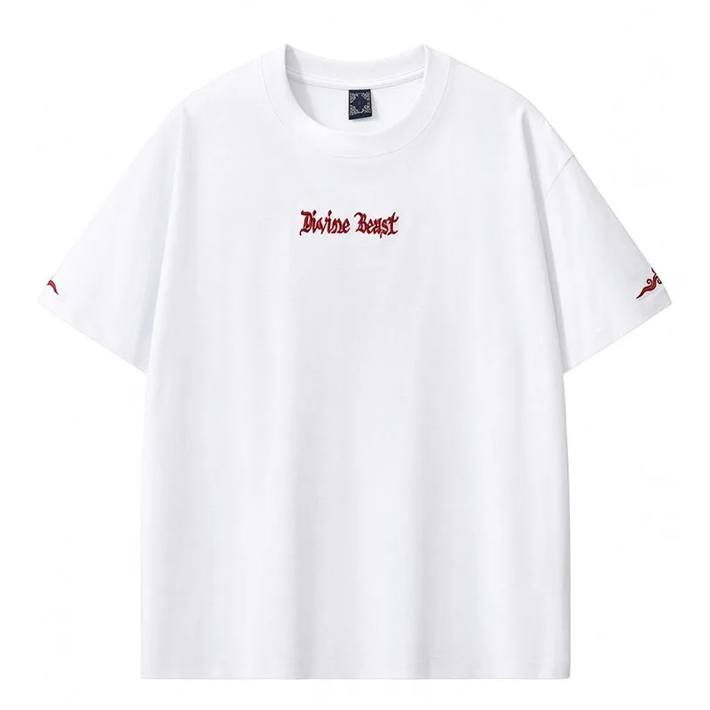 Men Crew Neck Drop Shoulder T-shirt 100% Cotton Golden Thread Chinese Dragon Embroidery Loose Plus Size Streetwear Short Sleeve