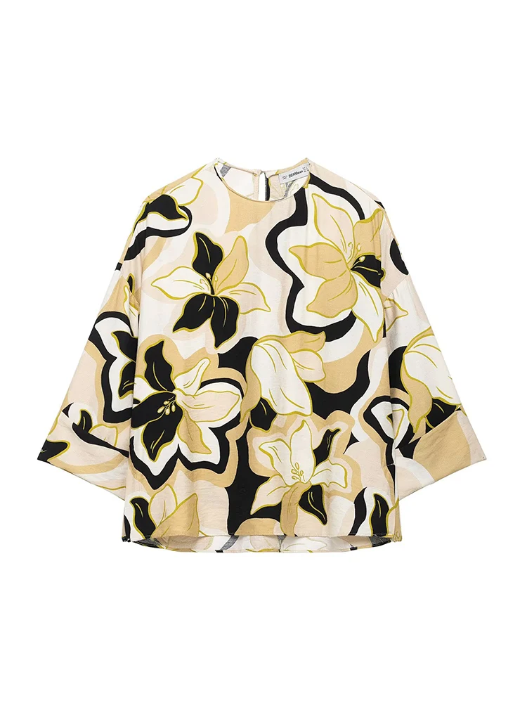 

KUCLUT Women Fashion Printed Back Hollow Out Pullover Blouse Vintage O-Neck Long Sleeves Female Chic Lady Shirts