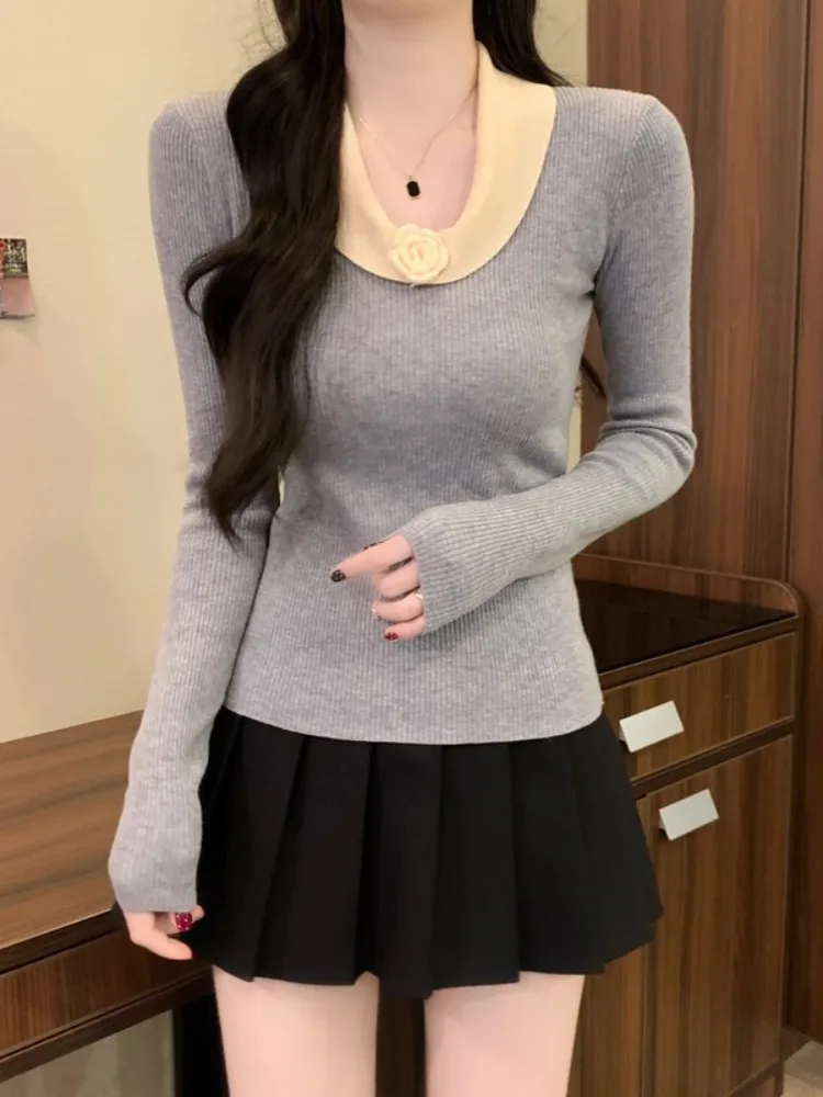 

Korean Sle Women's Base irt Autumn Winter Inner Wear Knitted Top 3D Flower Design Soft Cotton Long Sve Ci Walk Suitable