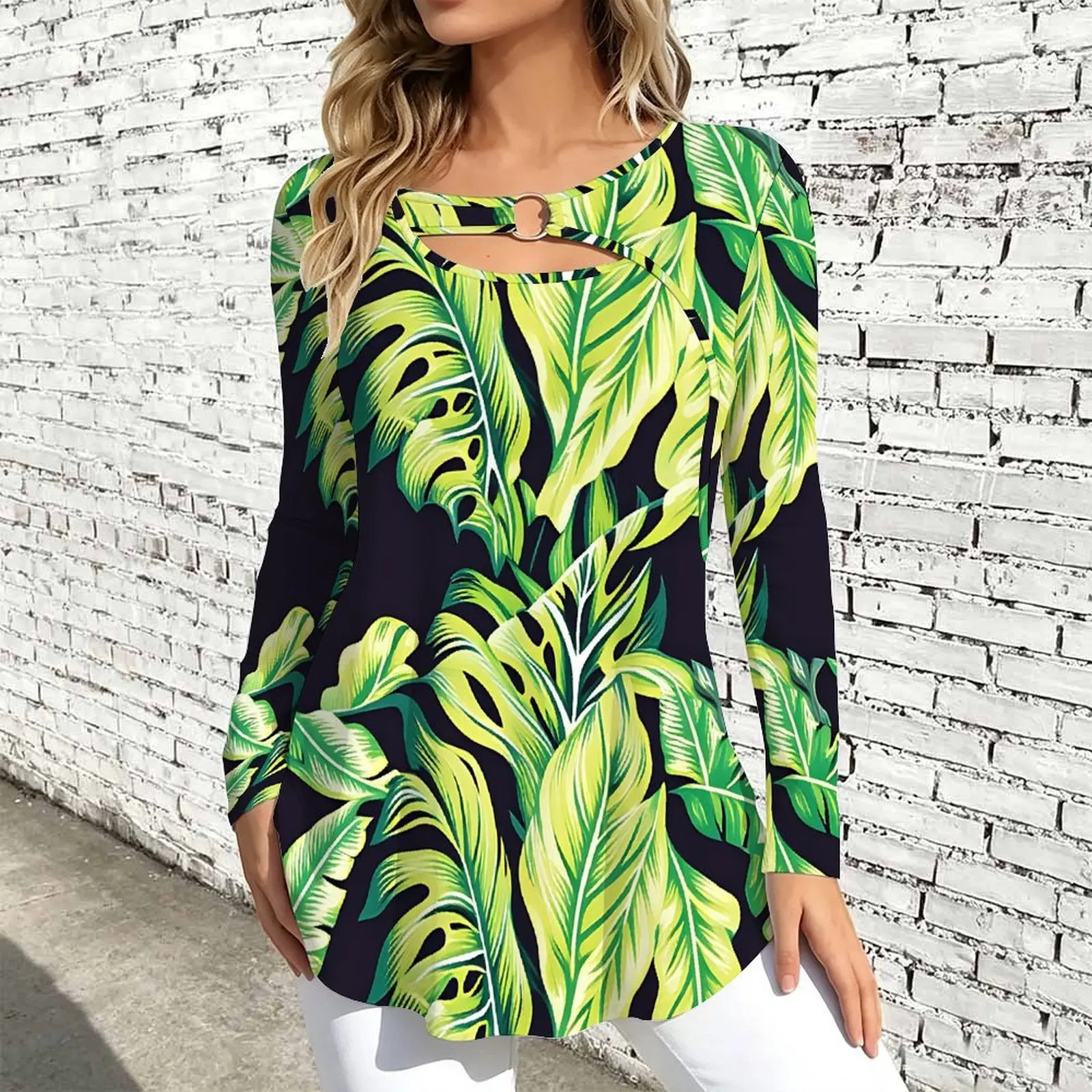 Women Long Sleeve Tunic Top Print O Ring Cutout Neck Loose A Line Hem Casual Ladies Blouse