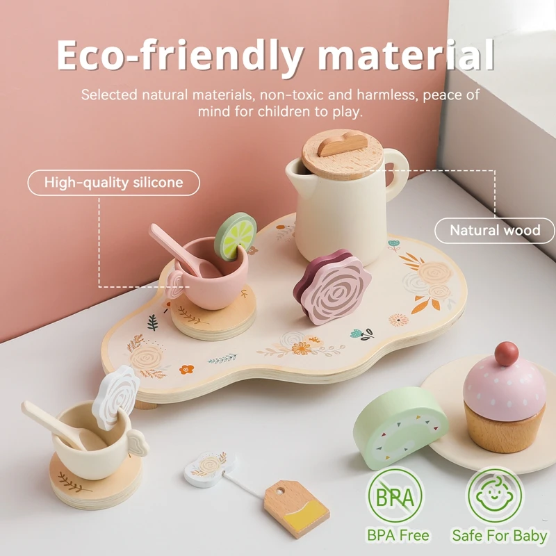 Wooden Afternoon Tea Set Toy Kitchen Utensil BPA Free Pretend Play Food Learning Role Play Game Early Educational Toy Kids Gifts