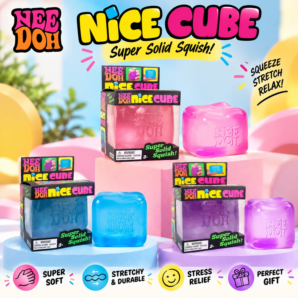 Needoh Nice Cube Sensory Stress Reliever Fidget Tool Anxiety & Focus Sensory Cube Squeeze Squishy Toy for Adults & Teenager Gift