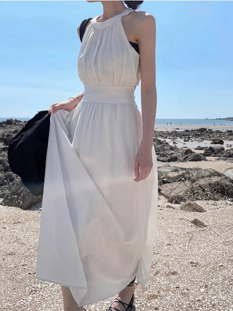 Liangliang Bal-Chaleco con cinturón calado para mujer, novedad de verano, Falda larga plisada Vintage, cintura alta, estilo coreano