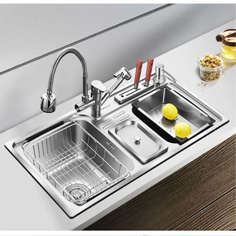 

Stainless Steel Kitchen Sink Thickened Double-Slot Multi-Function Trash Can Sink Vegetable/dish Wash Basin with Knife Holder