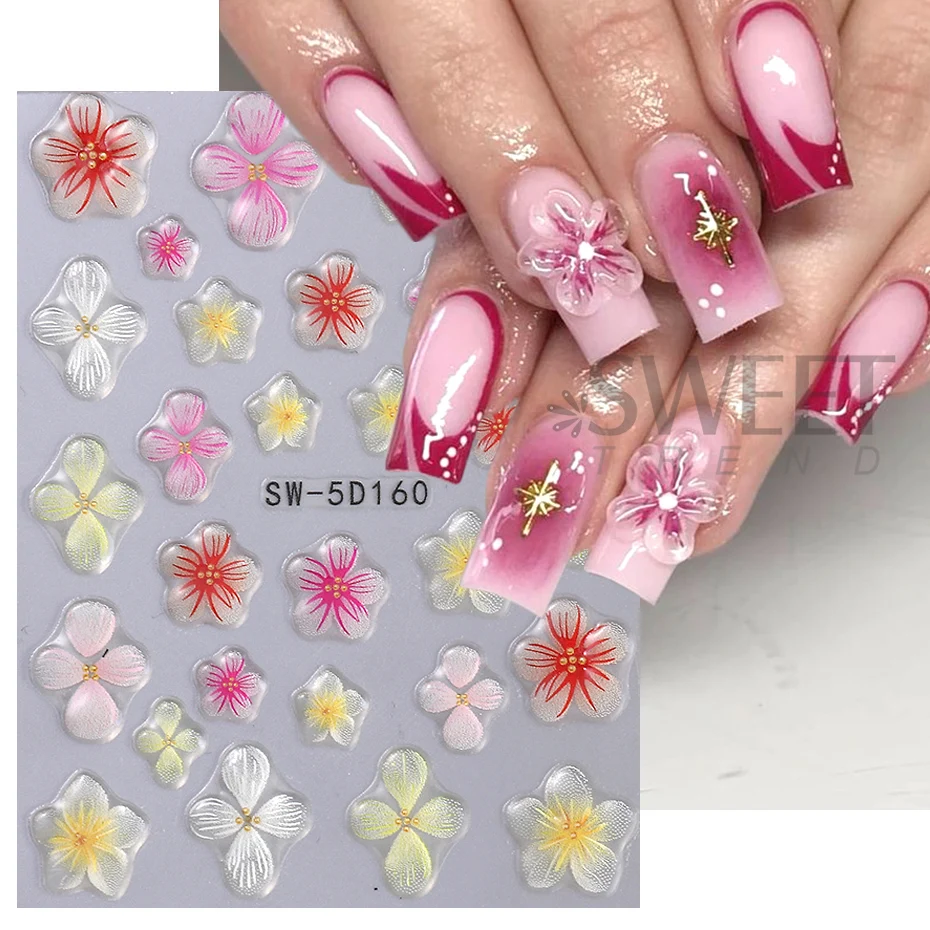 Hibiscus Flower 5D Embossed Nail Stickers Colorful Jelly Petals Floral Heart Design DIY Engraved Manicure Foils Nail Decoration