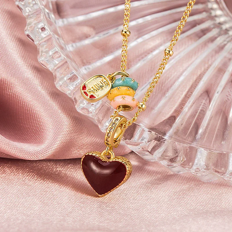 925 Sterling Silver Colorful Heart Double-Sided Pendant Necklace for Women Delicate Sweater Chain Versatile Sweet Jewelry