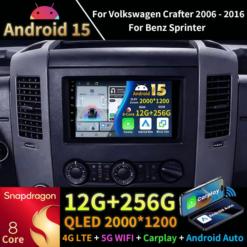

Автомобильное радио Android 15 для Benz Sprinter для Volkswagen Crafter 2006-2016, GPS 360, камера, мультимедийный плеер, Navi, беспроводной Carplay