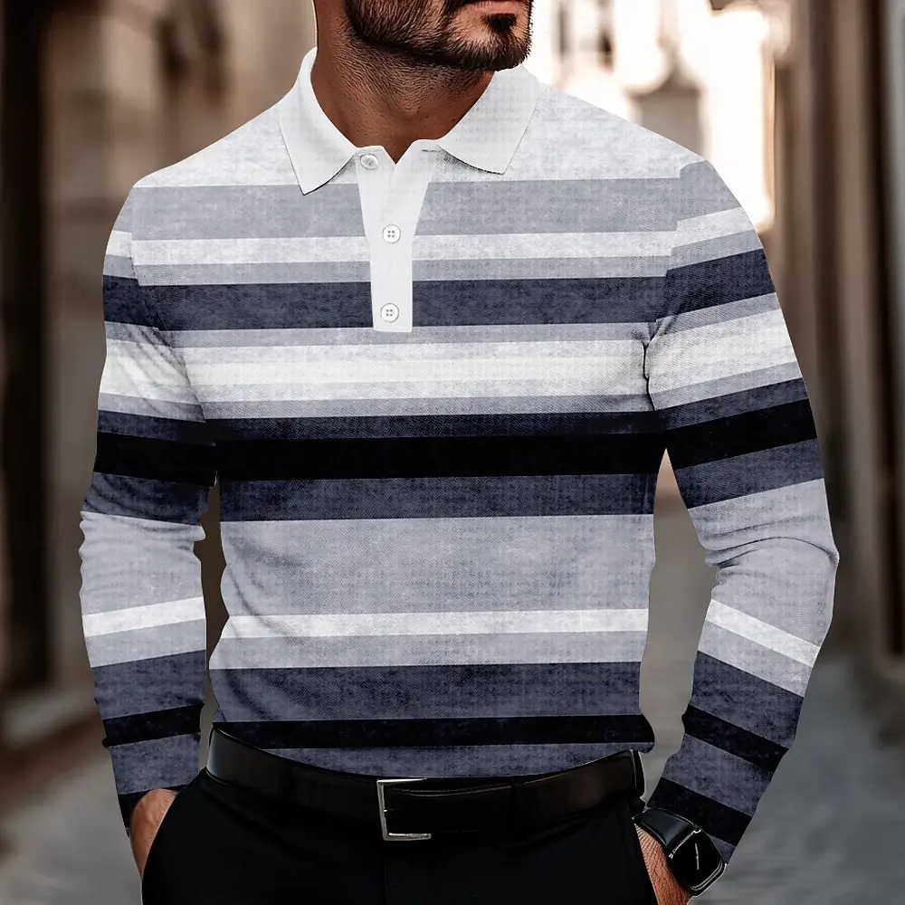2025 Otoño Invierno camisa Polo de manga larga a rayas para hombre Tops casuales transpirables Slim Fit Polo de cuello clásico de secado rápido