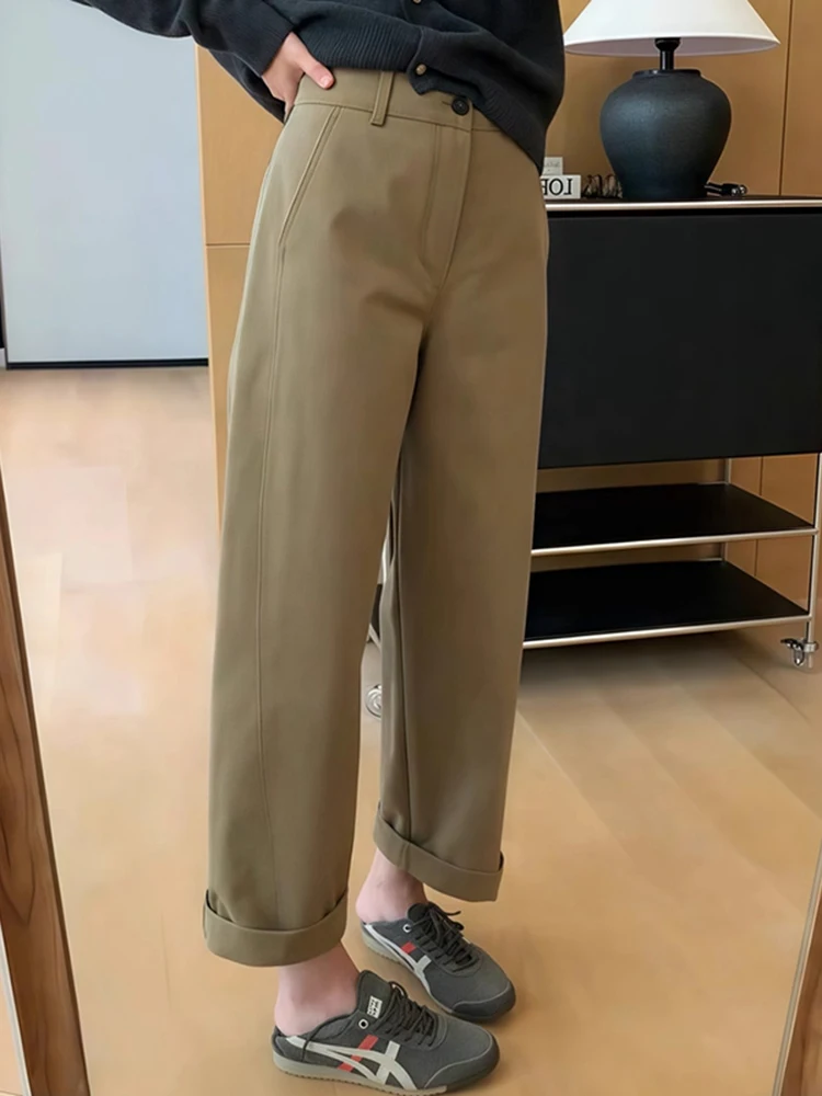 

Женские прямые брюки цвета хаки с высокой талией, свободные повседневные брюки, осенне-зимние новые универсальные женские длинные брюки, визуально стройнящие фигуру