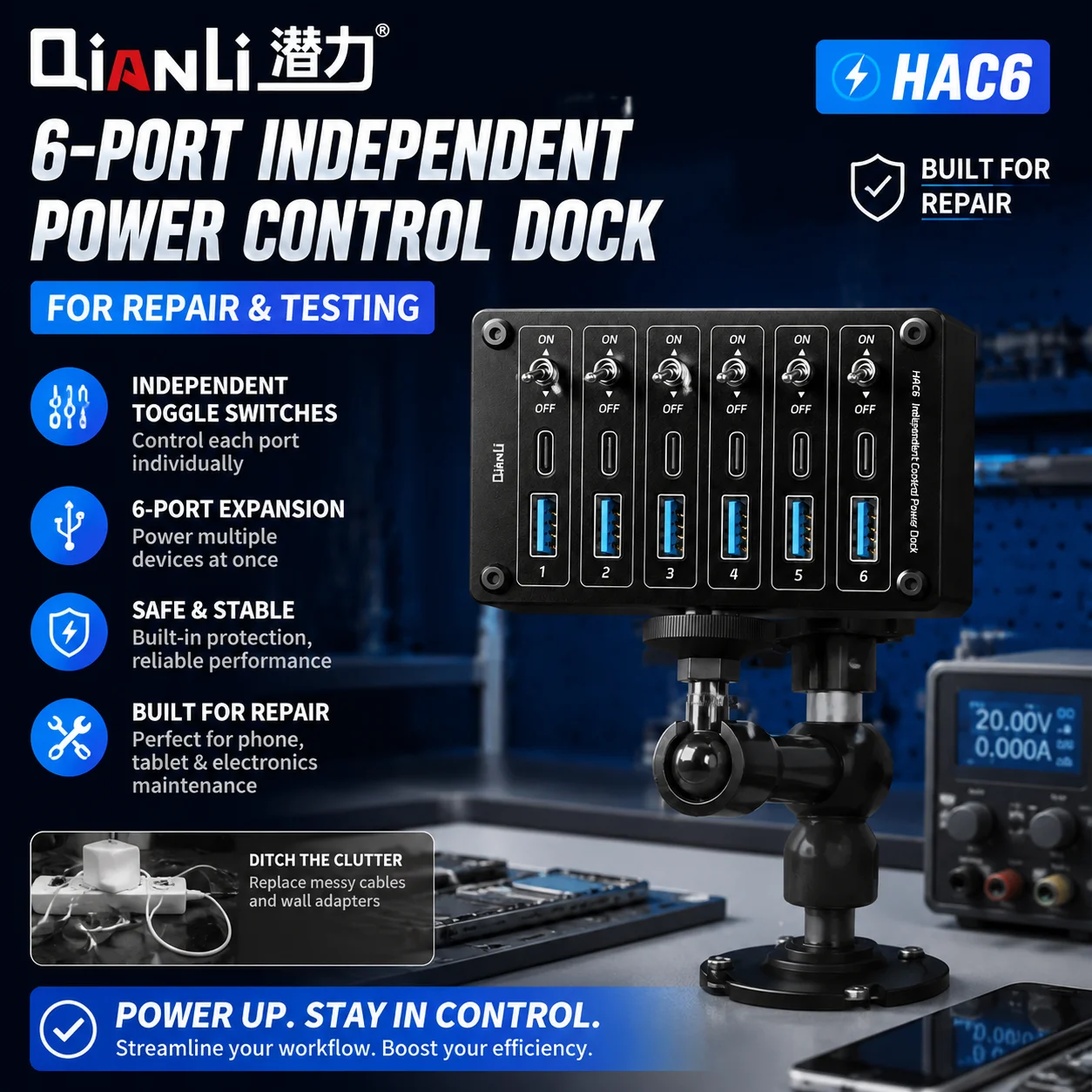 QianLi HAC6 Power Distribution Dock 6 Ports Independent On Off Switches Banana Jacks USB A Type C for Phone Motherboard Repair