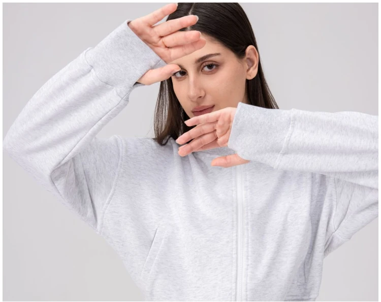 VITALINOVO Damen-Jacken mit Reißverschluss, Stehkragen, kurzes Sweatshirt mit Taschen, Daumenloch, Herbst, langärmlig, Sportjacken, Winter – Detail 7