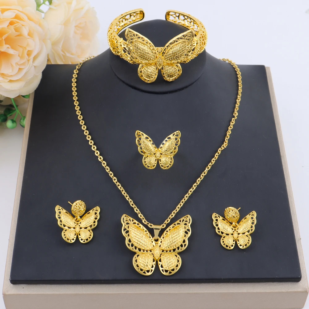 

Luxury Butterfly Design Jewelry Set for Women Gold Plated Pendant Necklace Earrings Bracelet Ring Weddings Party Accessories