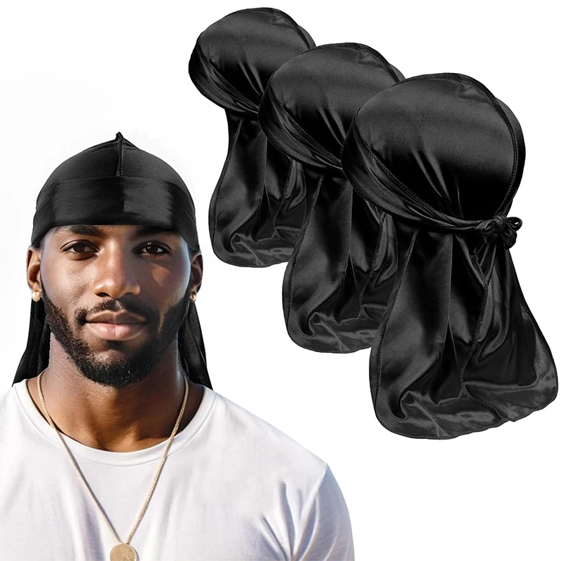 3PCS/LOT Men's Silky Durag Shower Cap Bandana Satin Du Rag Doo Rag Outdoor Travel Street Long Tail Wave Cap Bathroom Accessories