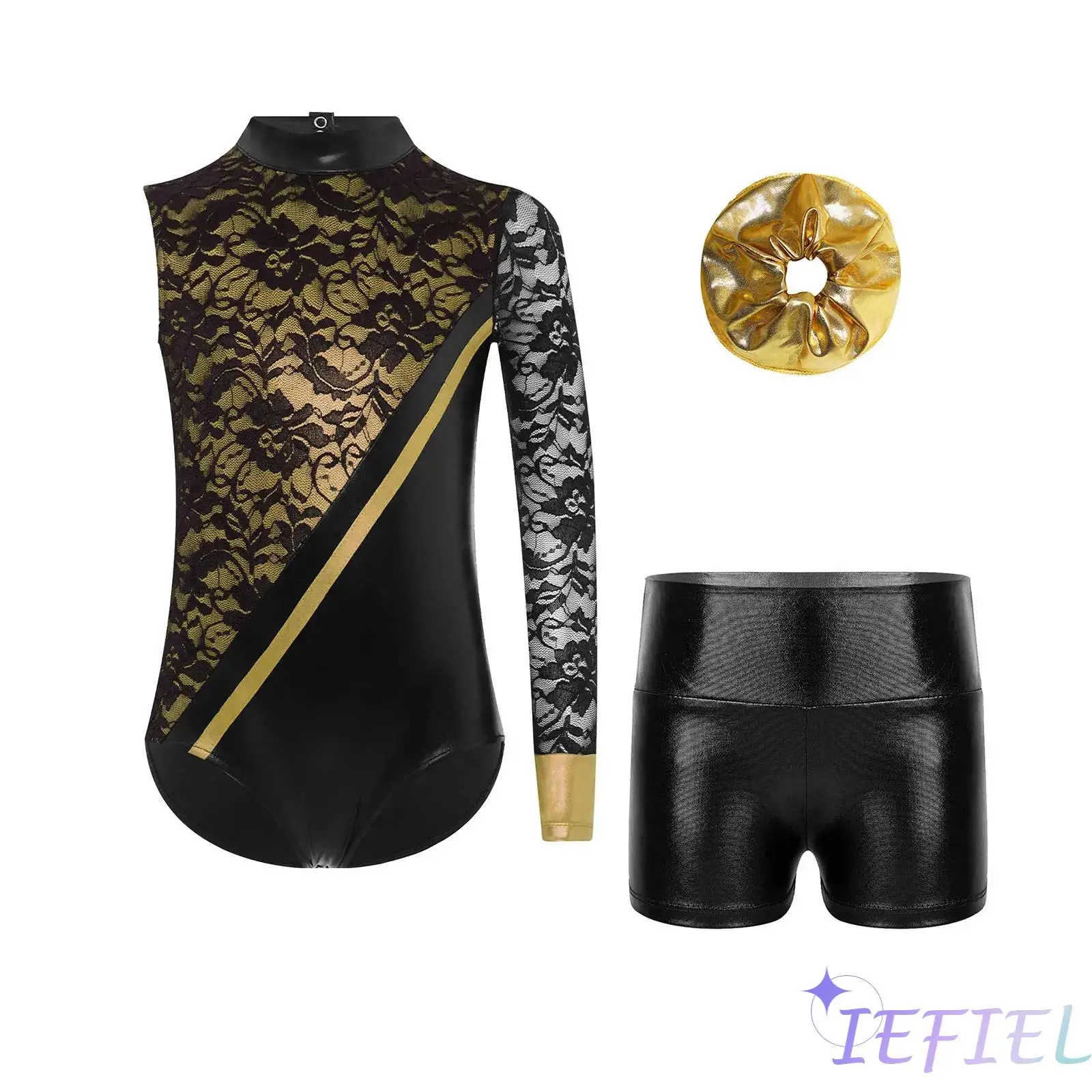 

Sparkling Gymnastics Ballet Leotard for Girls with Asymmetrical Lace Design And Matching Shorts Set Lyrical Ballet Dance Costume