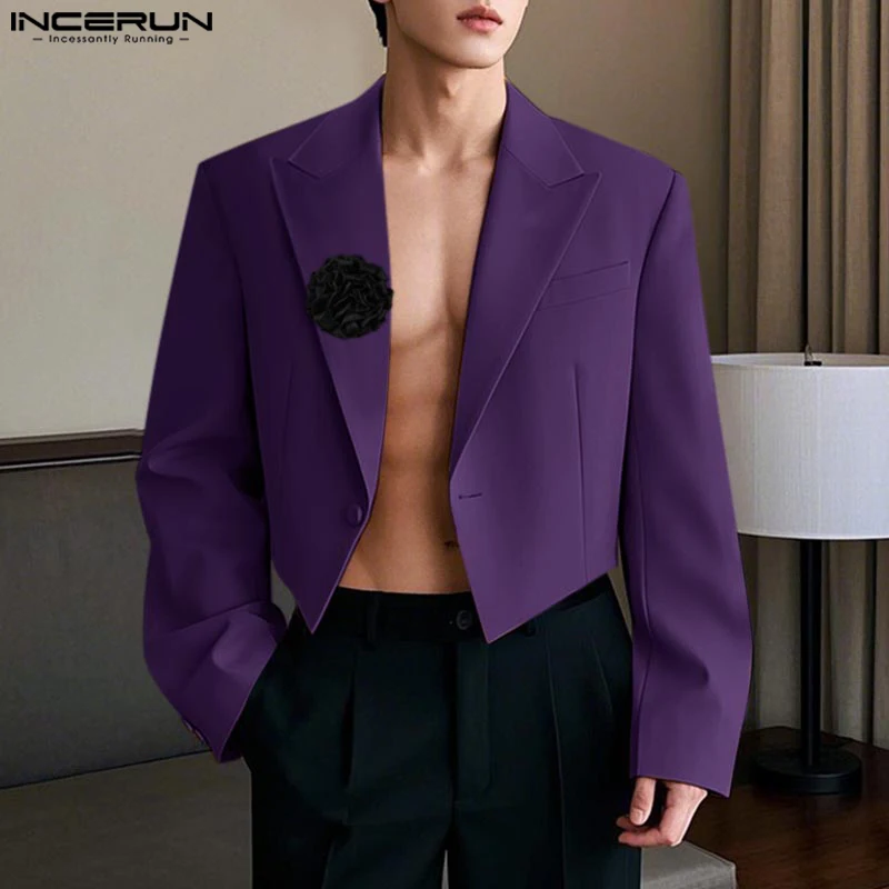 INCERUN Men Blazer Flower Patchwork Lapel Long Sleeve One Button Male Suits Streetwear Autumn 2025 Fashion Thin Coats Blazer