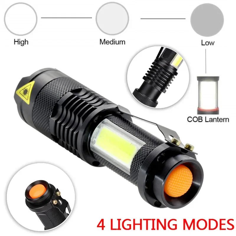 2000LM Di Động Đèn Pin LED Q5 COB Mini Đen Chống Nước LED Zoom Đèn Pin Đèn Điện Sử Dụng Pin AA 14500 Pin Chiếu Sáng Đèn