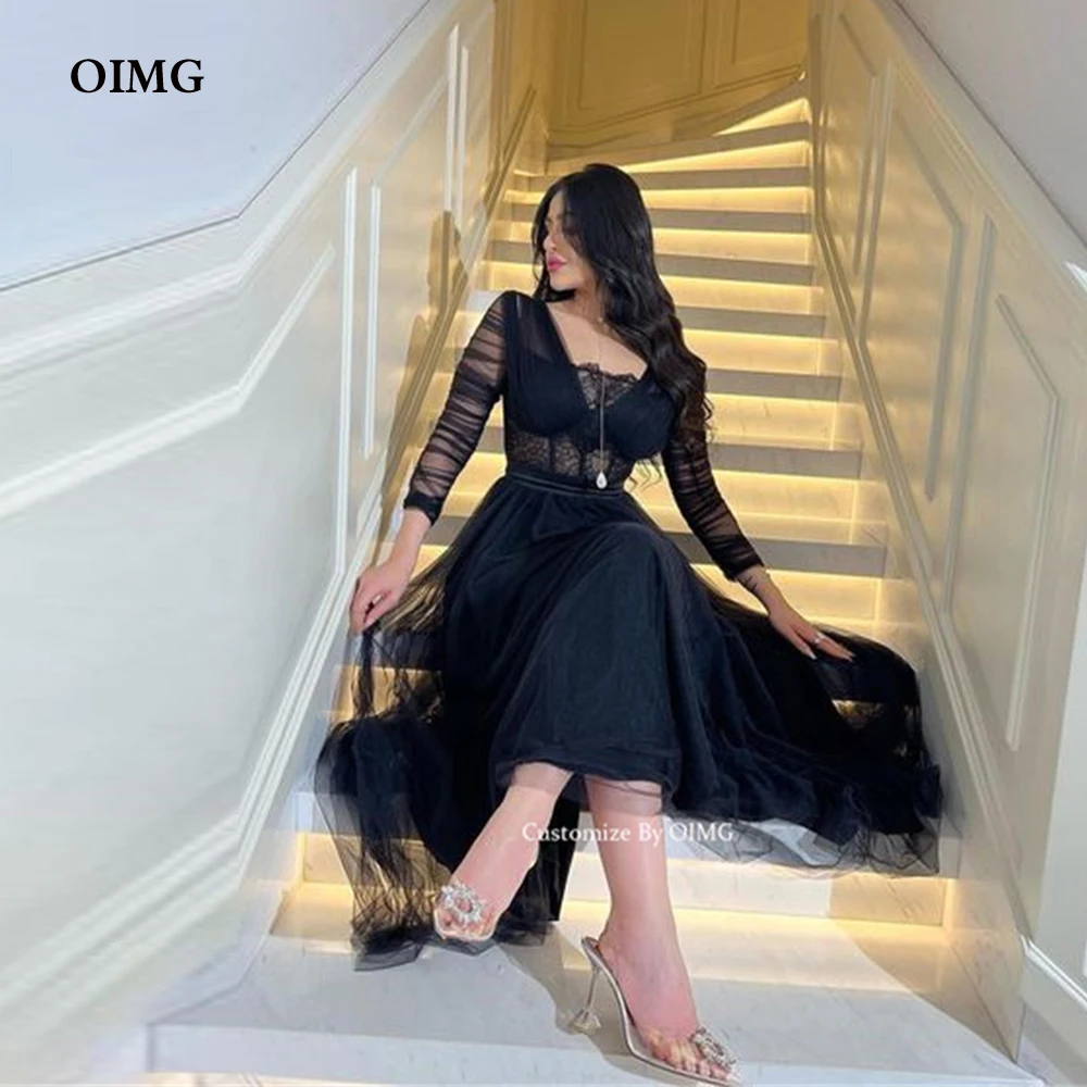 

OIMG Vintage Royal Black A Line Lace Evening Party Dresses Long Sleeves Tea Length Saudi Arbaic Women Formal Night Prom Gown