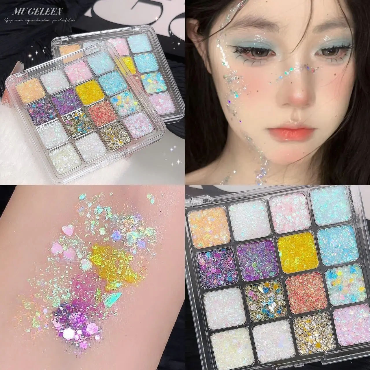 MUGE-bandeja de sombra de ojos con purpurina de sirena, 16 colores, purpurina de perlas, maquillaje de escenario, purpurina de sirena