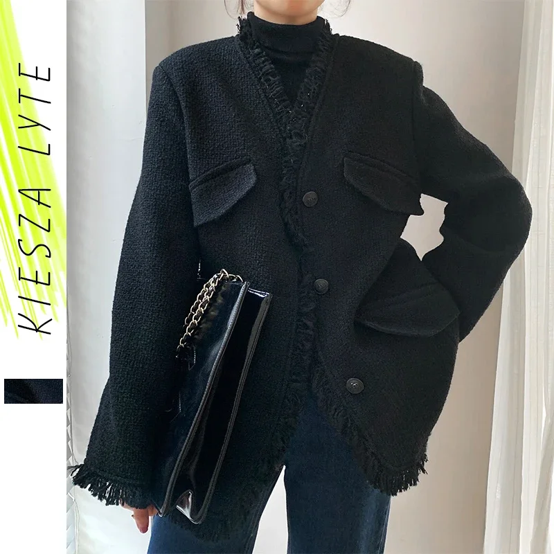 Black Woolen Suit Jakcet Woman 2024 Autumn Winter New Casual Tassel Female Tweed Suit Coat Outwear