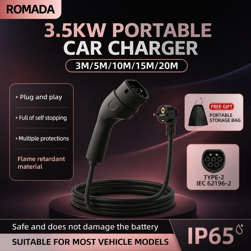 ROMADA Portable 3.5KW Plug and Charge EV Charger with 3M-20M Cable Type2 IEC62196 EU Plug Wallbox Adapter For Electric Vehicle