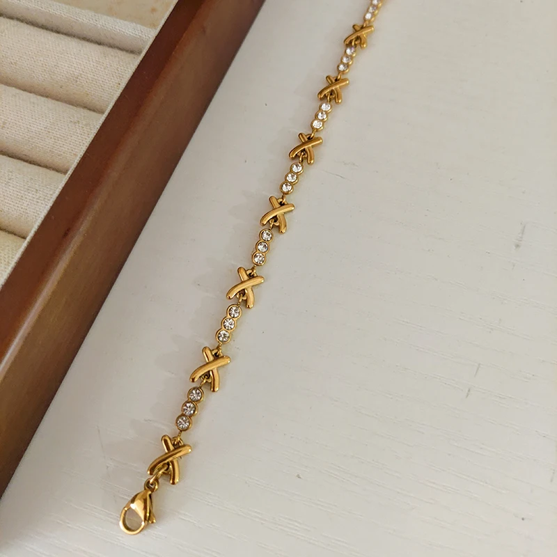 X shape cz stone chain bracelet stainless steel bracelet for women simple dainty jewelry elegant tarnish free jewelry waterproof