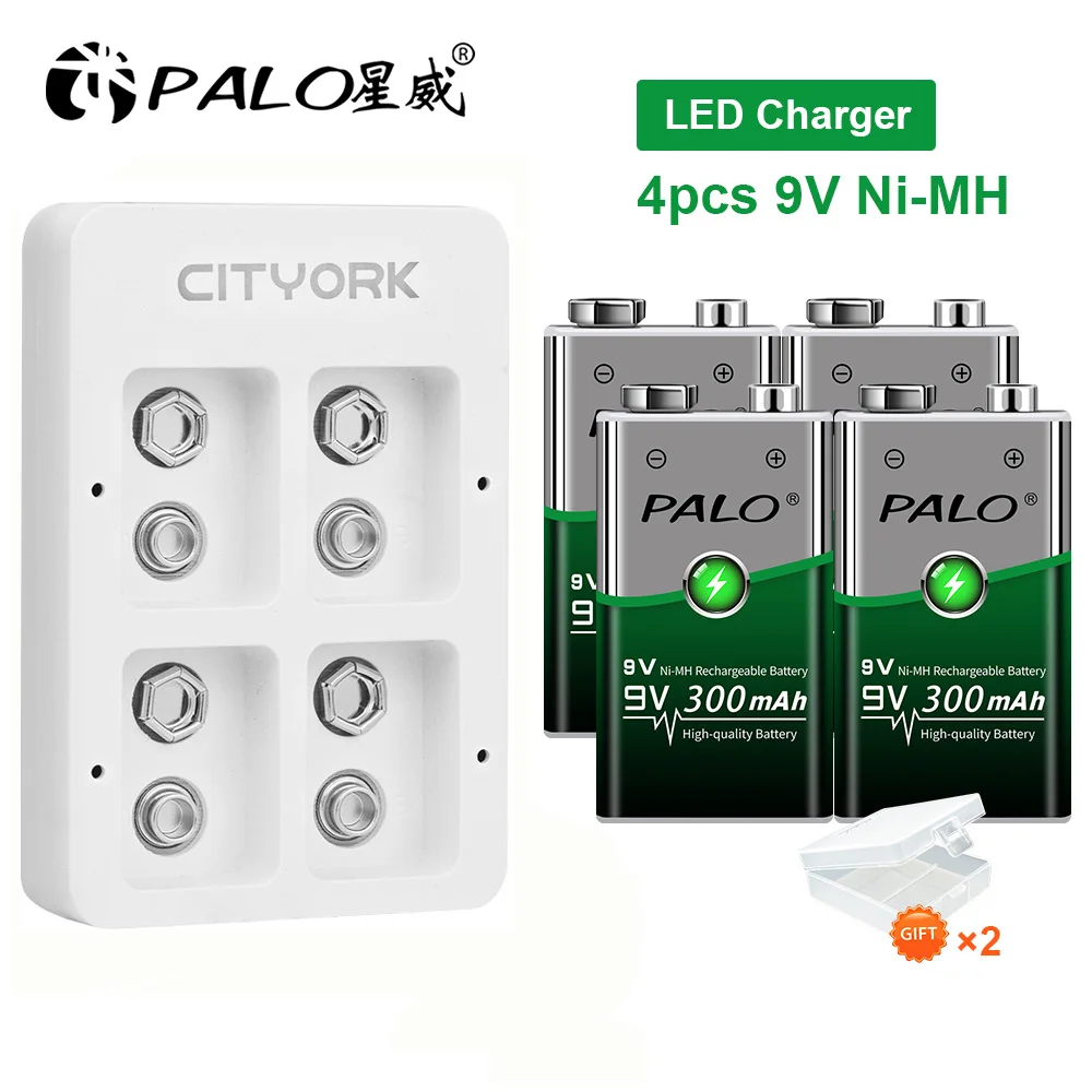 PALO 9V NI-MH Rechargeable Battery 300mAh USB Smart Battery Charger For 9 Volt 6F22 9V NiCd NiMh Lithium Rechargeable batteries