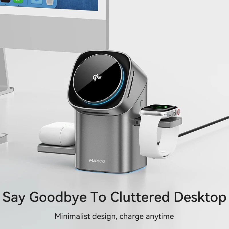 

Беспроводное зарядное устройство MAXCO Qi2 3-в-1 с док-станцией для телефона с автоматическим вращением, совместимым с MagSafe для iPhone Apple Watch Ultra 2 Airpods