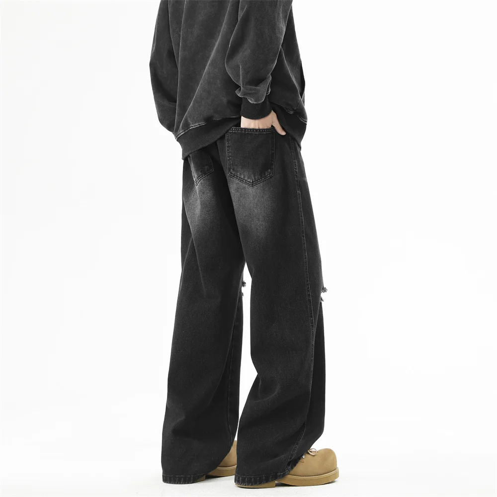 メンズハイストリートリップドジーンズ、ヴィンテージウォッシュ加工ダメージ加工ミッドライズストレートレッグカジュアルパンツ、韓国風ワイドレッグパンツ