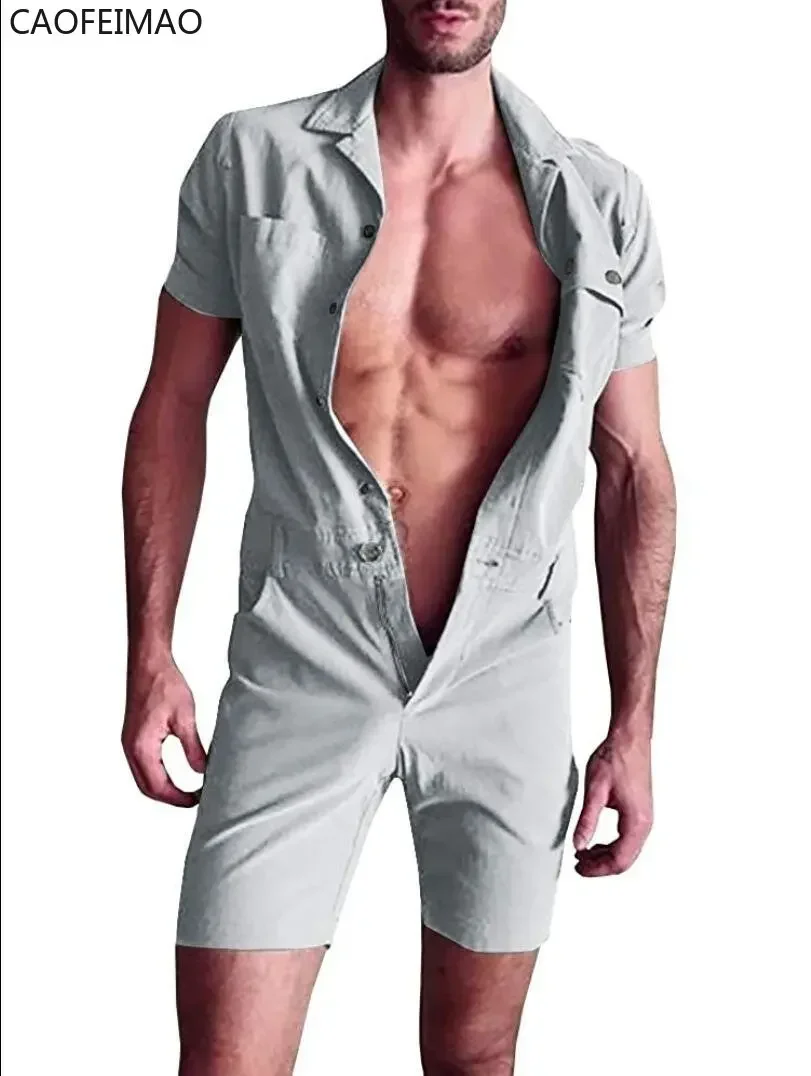 Men Jumpsuit Tight Short Sleeve Bodysuit Sexy Zipper Lapel Slim Tie-up Rompers Casual Short Pants Homewear Jumpsuit Mens Pajamas