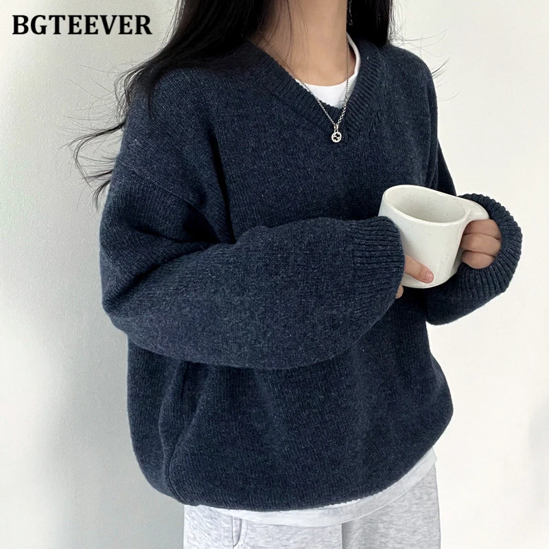 BGTEEVER Autumn Winter Warm Sweater for Women Loose V-neck Knitted Pullovers Jumpers Ladies Long Sleeve Knitwear Tops