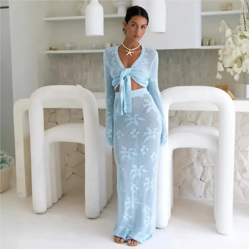 

Women Skirt Outfits Long Sleeve V Neck Knotted Tops Long Knit Skirt For Beach Vacation Summer Party Daily Wear Streetwear