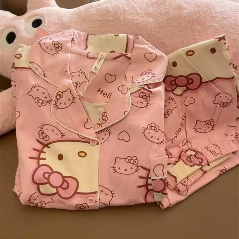 

Студенческие брюки Sanrio, 2 шт., милые пижамы с длинными рукавами и рисунком «Hello Kitty», весна и осень, домашняя одежда интернет-знаменитостей, хит продаж