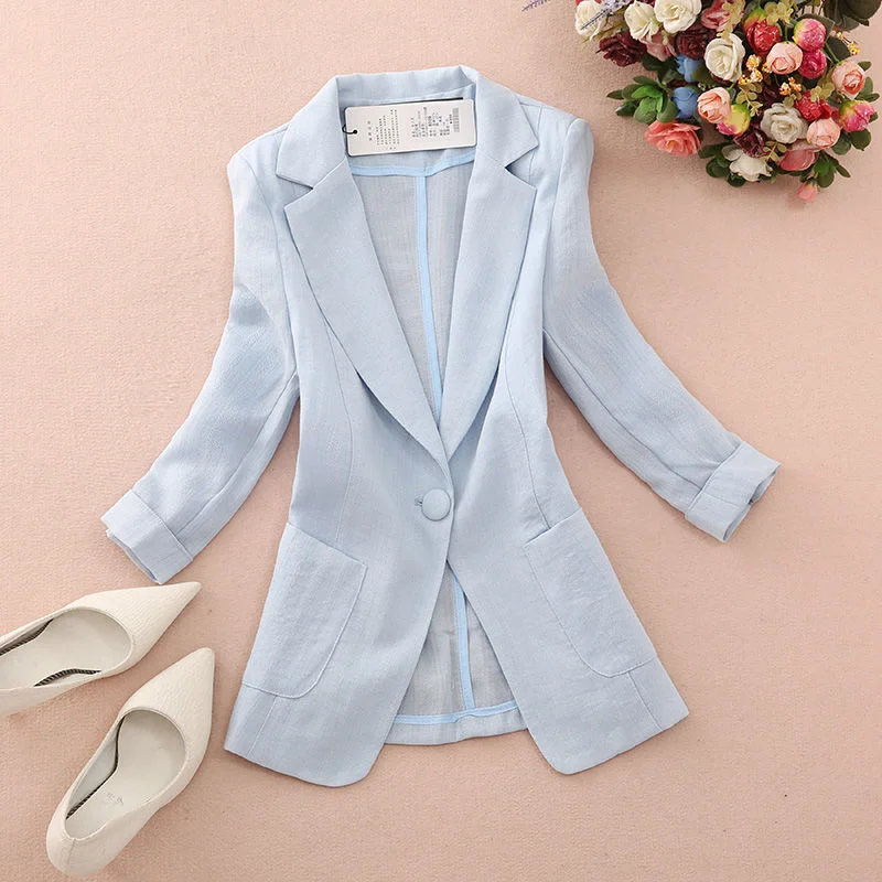 Women\'s Cotton Linen Blazers New Summer Clothes Slim Single Button 3/4 Sleeves Thin Suit Coat Female Outerwear Casual Tops 3XL