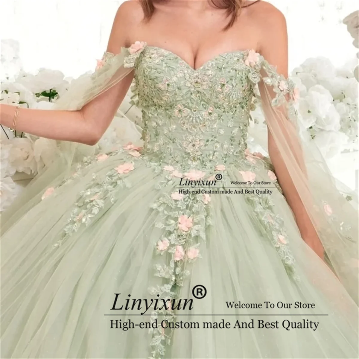 Sex Sweet Sage Green Quinceanera Dress Princess Ball Gown 3D Flowers Applique Lace 15 16 Dress vestidos Birthday Party Gown