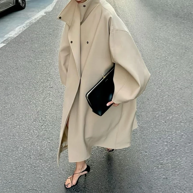 Elegant Faux Suede Women Long Coat Stand Collar Bat Sleeve Solid Color Oversize Outerwear 2026 Fall Winter Female Street Jacket