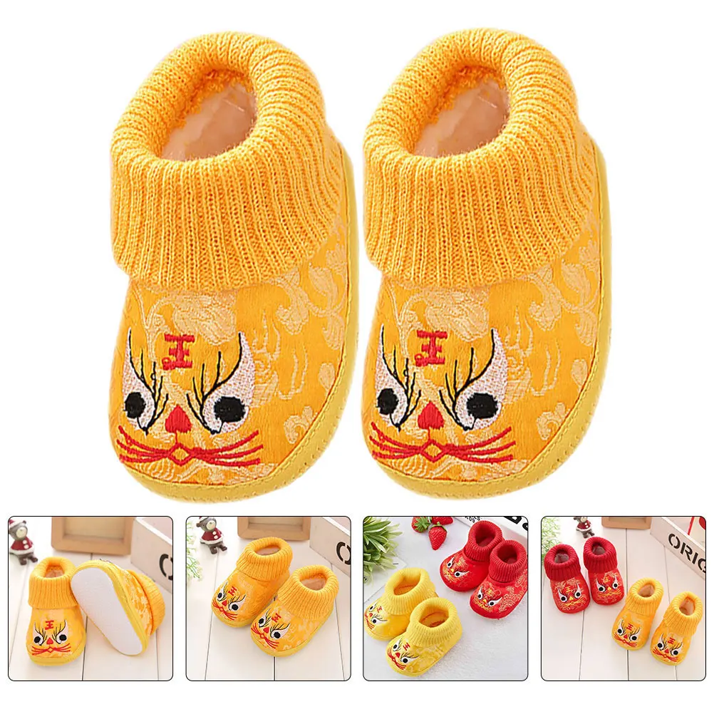 

1 Pair Of Thickened Warm Tiger-Head Shoes For Kids, Breathable Casual Footwear, Embroidered Cartoon Design