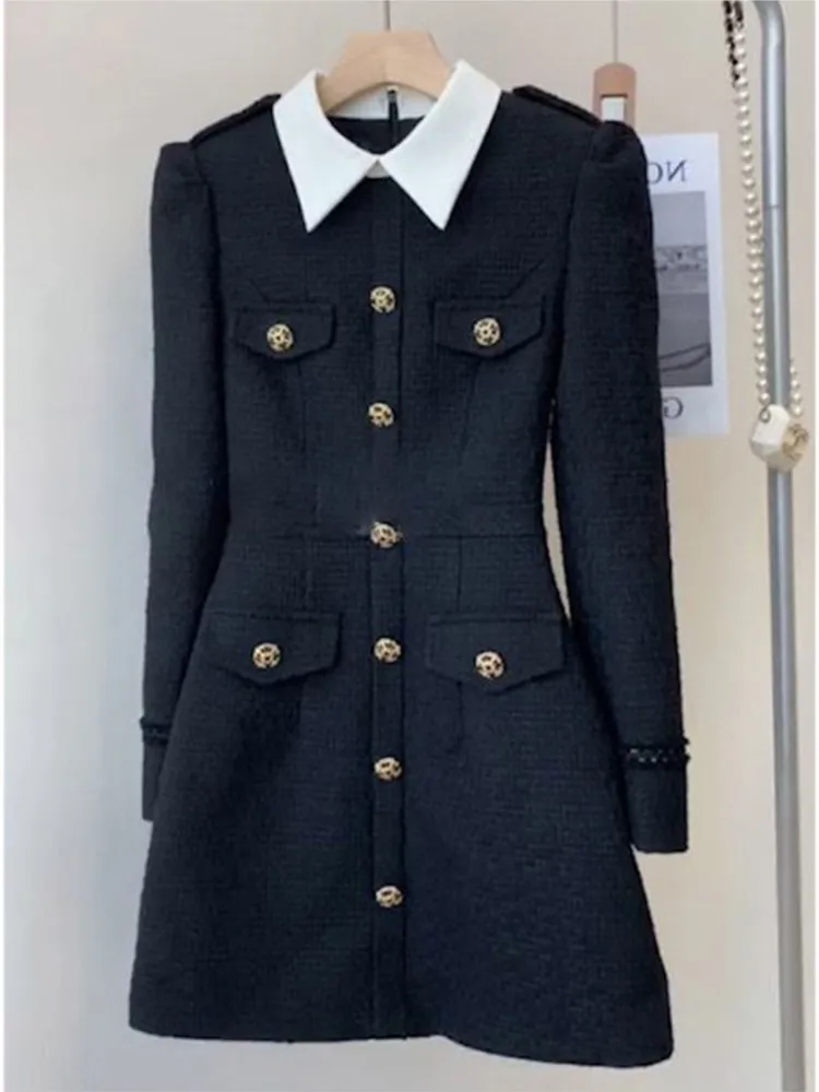 Lady Elegant Tweed Short Dress For Women Turn Down Collar Metal Buttons Autumn Dress Slim High Waist Black Fashion Dress