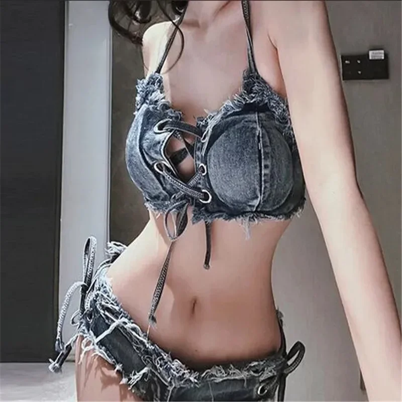 Summer Europe and America Vintage Sexy Women's Clothing With Chest Pad Without Steel Support Cowboy Bikinis Beach Vacation Set