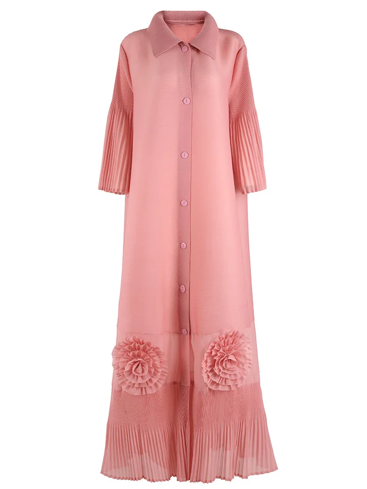 Miyake Fashion Print Pleated Long Dress Women Lapel Floral Sleeves Design Single Breasted A-line Dresses 2025 Summer New