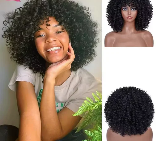 Short Hair Afro Kinky Curly Wigs With Bangs For Black Women Fluffy Soft Synthetic Wig Natural Brown Red Cosplay Highlight Wig