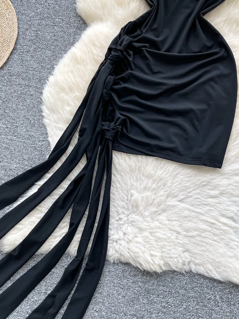 Foamlina Summer Women Black Strapless Dress Ladies Stylish Sleeveless Twisted Cutout Ruched Ribbons Mini Party Bodycon Dress