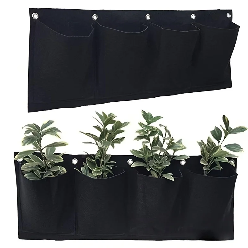 4 Pocket Horizontal Hanging Plant Grow Bags Wall Mount Planter For Herbs Vegetables Indoor Outdoor