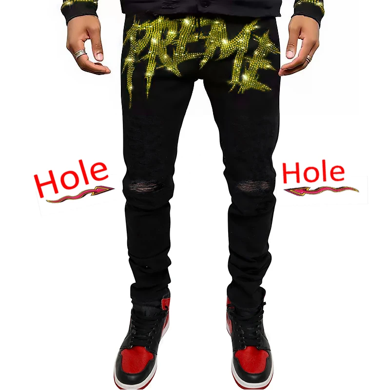 Pantalones pitillo elásticos rasgados para hombre, vaqueros negros ajustados con agujeros, ropa de calle con letras de diamantes de imitación de