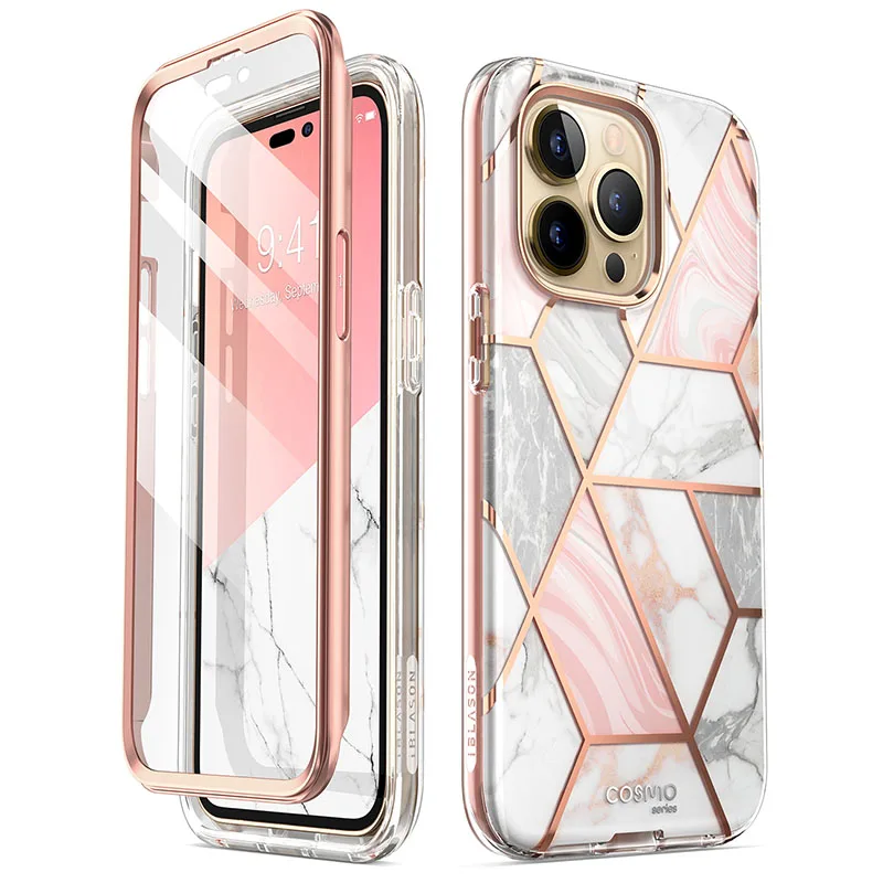 For iPhone 14 Pro Case 6.1 inch (2022) I-BLASON Cosmo Full-Body Glitter Marble Bumper Case with Built-in Screen Protector