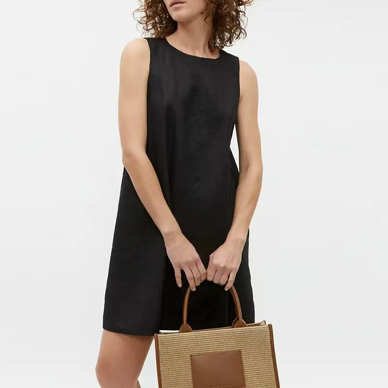 Klassieke effen kleur katoen-linnen damesjurk nieuwe collectie eenvoudige mouwloze tankjurk casual zomerjurken met ronde hals